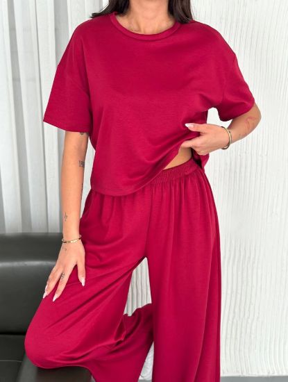 Osy Modal Yumuşak Dokulu Kumaş Bisiklet Yaka T-shirt Bol Paça Pantalon Ikili Takım -Bordo resmi